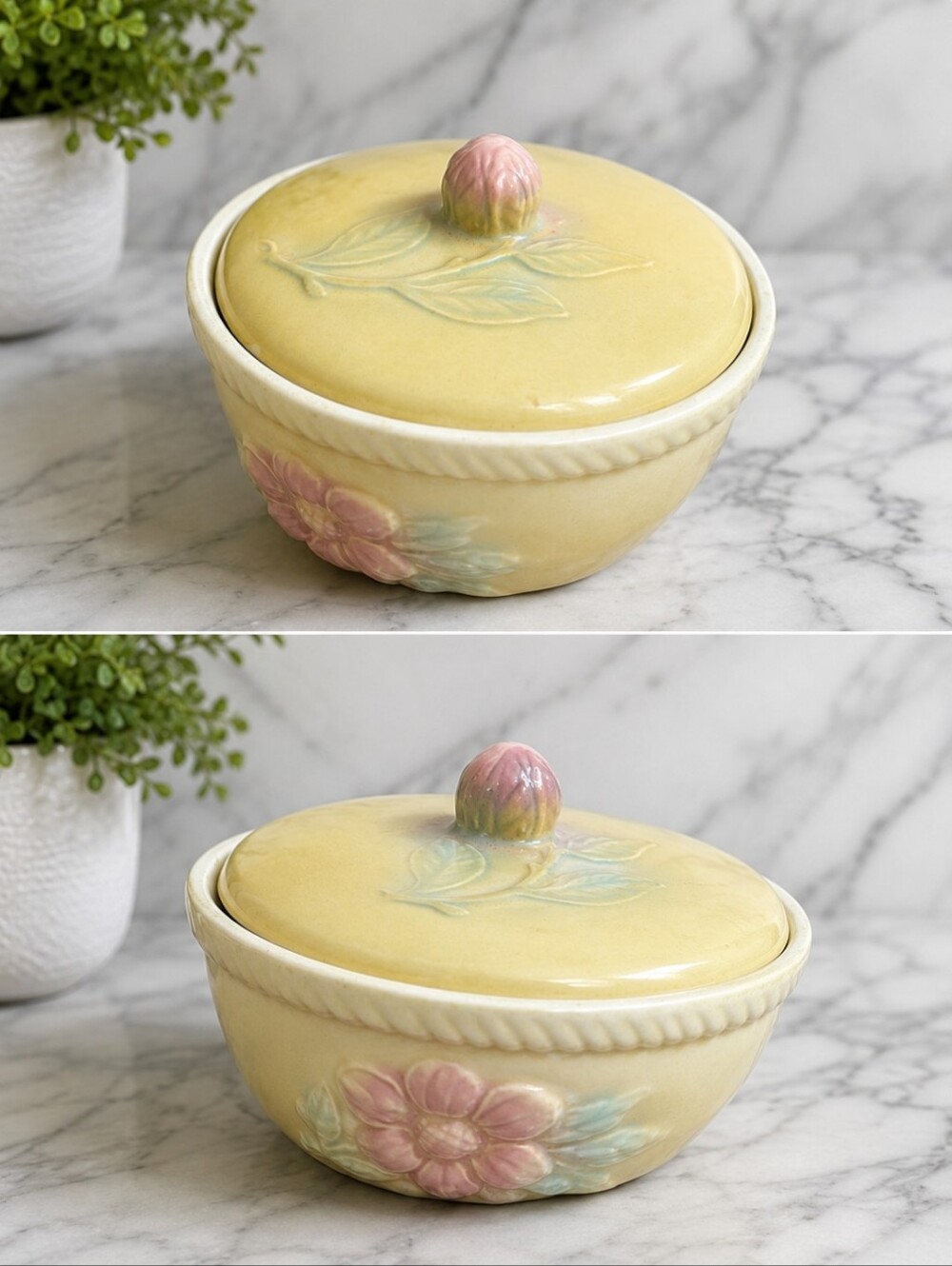 Vtg 40s Hull Pottery Sun Glow Yellow Ceramic Lidded Bowl  Floral Design